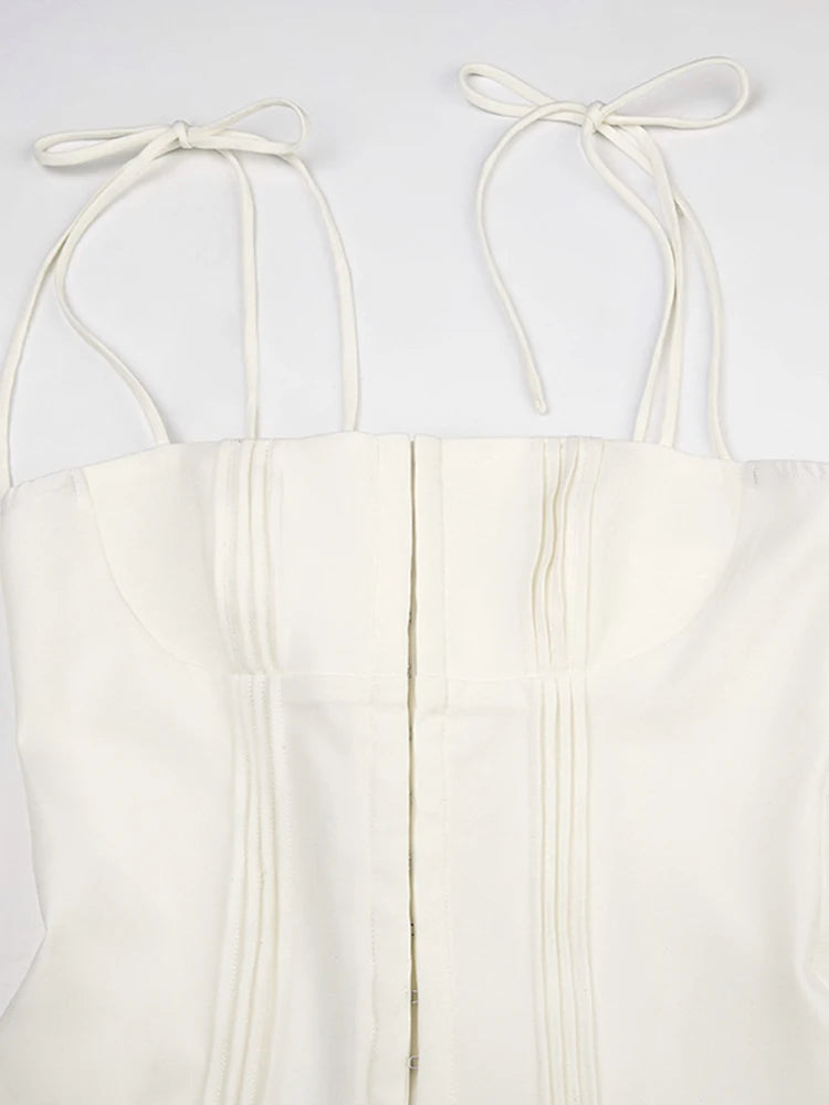 Sweet French Style White Spaghetti Straps a Line Pleated Dresses for Front Hook Closure Fit and Flare Mini Dress