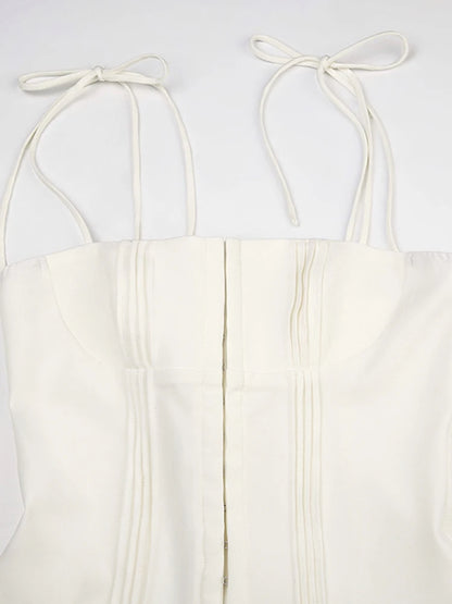 Sweet French Style White Spaghetti Straps a Line Pleated Dresses for Front Hook Closure Fit and Flare Mini Dress