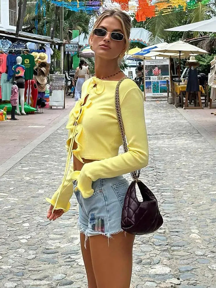 Slim Ruffle Lace Up Blouse Patchwork Hollow Out Short Cardigan Female Autumn Street Knitwear