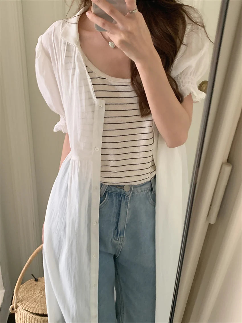 White Summer Slim Long Dress Sweet Short Puff Sleeve Mujer Ol All Match Daily