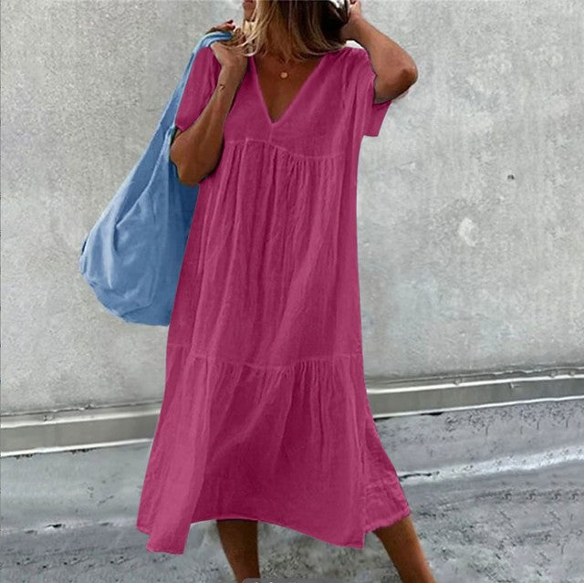 Color Cotton Linen Midi Dresses V-neck Short Sleeves Loose Dress Simple Style Lady Commuting Vestidos