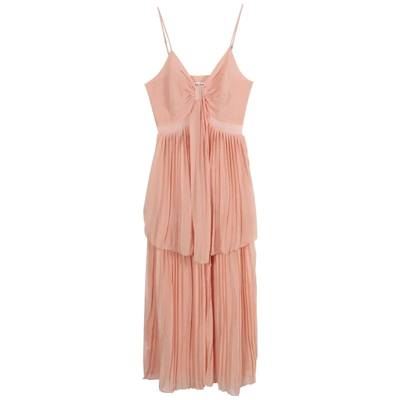 Pleated Maxi Dress for Spaghetti Strap Halter Vacation Robe Style Summer Birthday Dresses Clothes