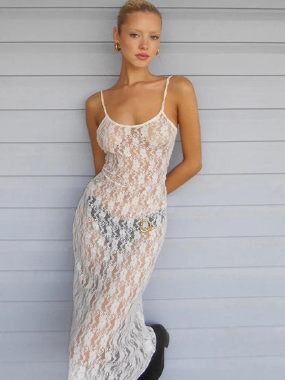 See Through Mesh Lace Black Tie Up Hollow Out Long Midi Dresses