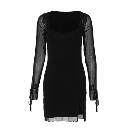 See Through Mesh Square Collar Color Club Slit Mini Dress