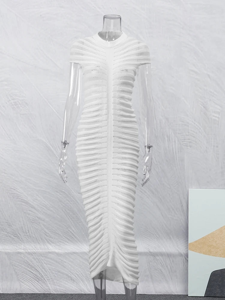 Striped Sleeve Knit Elastic Maxi Dress