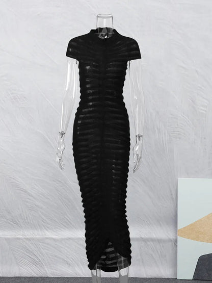 Striped Sleeve Knit Elastic Maxi Dress