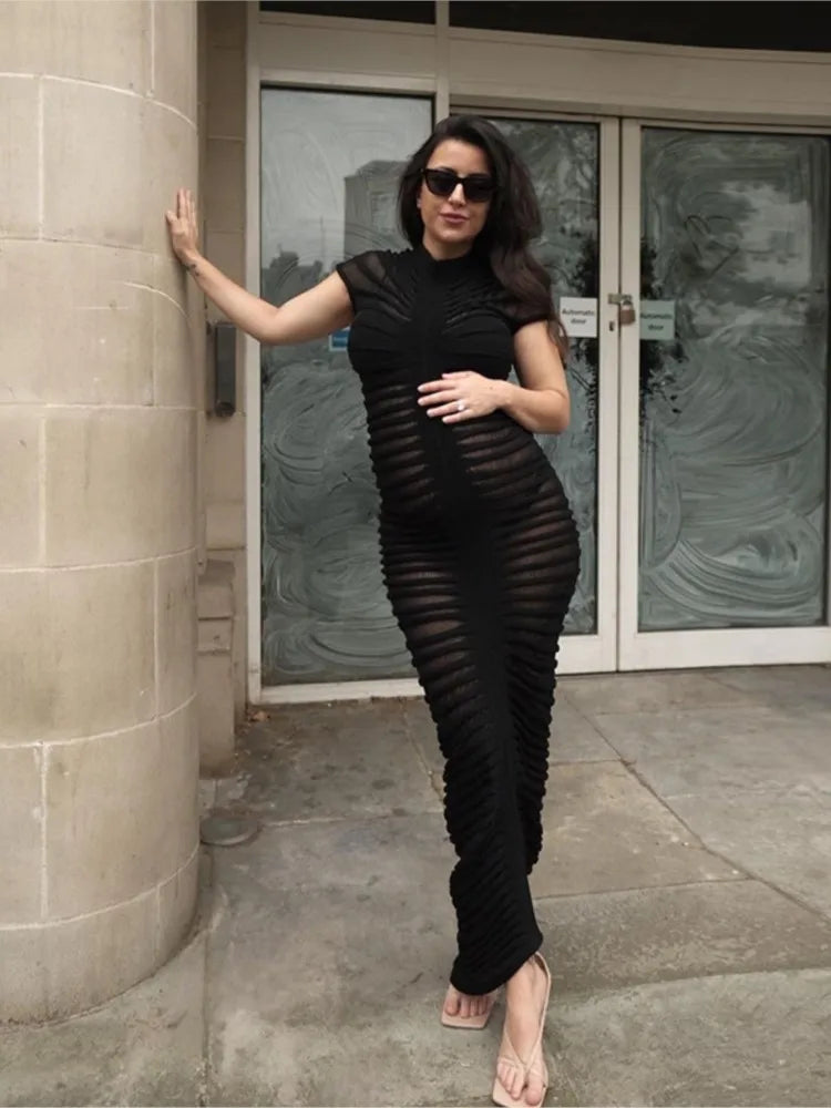 Striped Sleeve Knit Elastic Maxi Dress