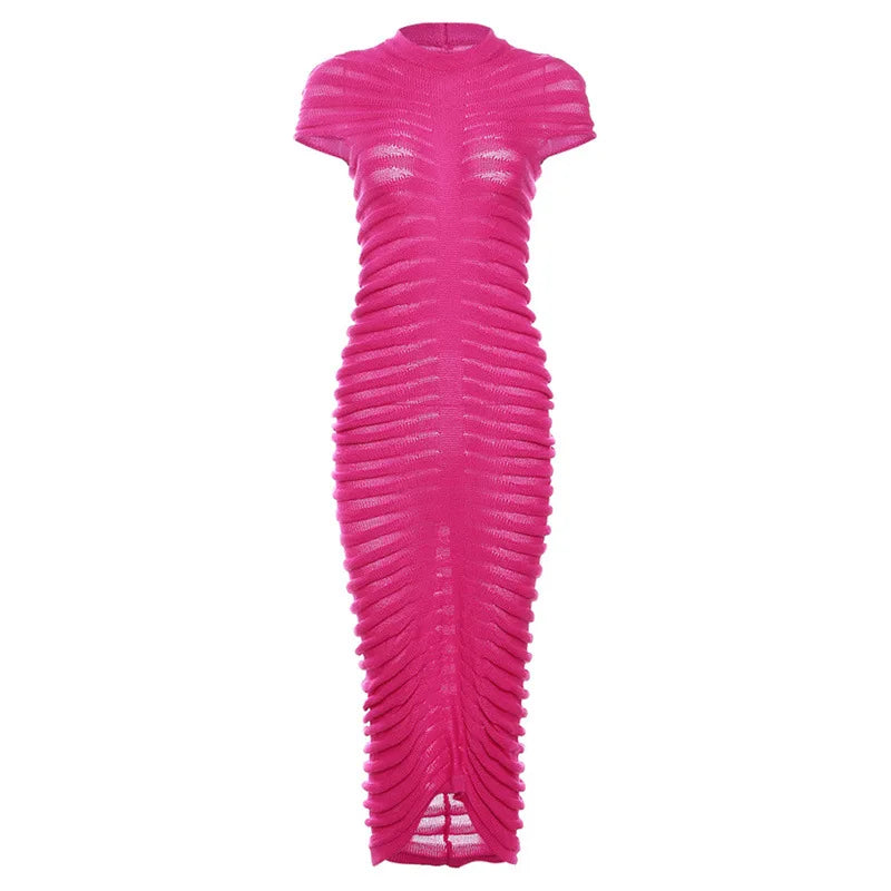 Striped Sleeve Knit Elastic Maxi Dress