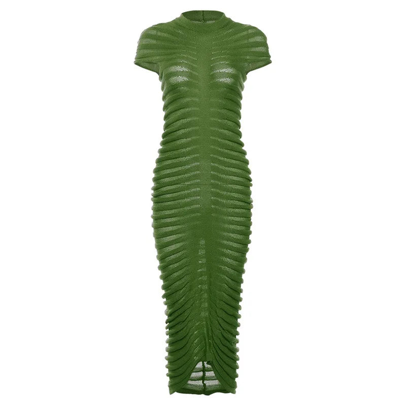 Striped Sleeve Knit Elastic Maxi Dress