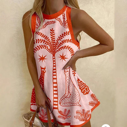 Printed Loose Tank O Neck Mini Dress