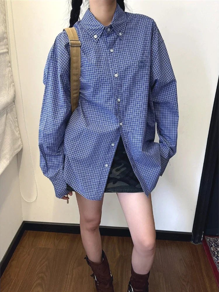 Blue Plaid Shirts for Harajuku Letter Embroidery Checked Blouse Female Oversized Korean Clothes