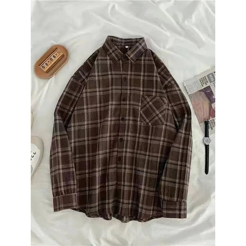 Oversized Plaid Shirts Long Sleeve Blouses Harajuku Korean Pocket Loose All Match Tops New
