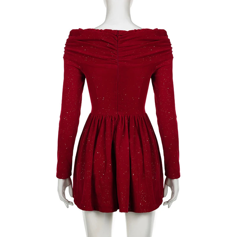 Aline Pleated Dress for Party Holiday Red Christmas New Year Ball Gown Mini Dresses Bow Slash Neck Robe