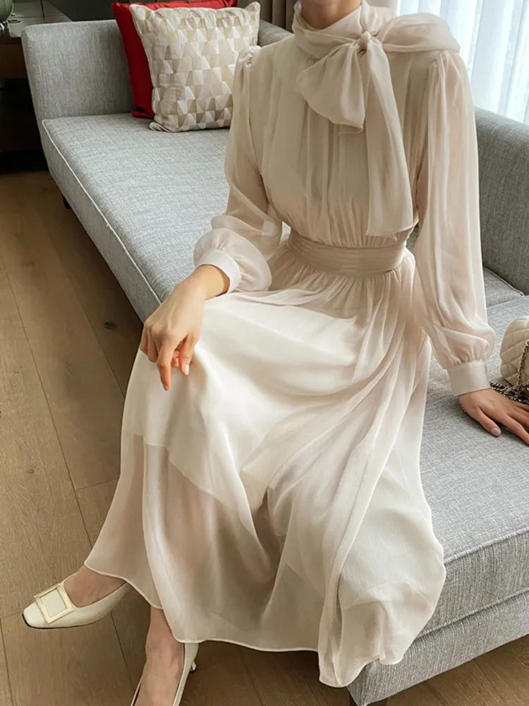 Midi Dresses for Long Sleeves Half High Collar Lace-up A-line Korean Autumn New One Piece Vestido Mujer