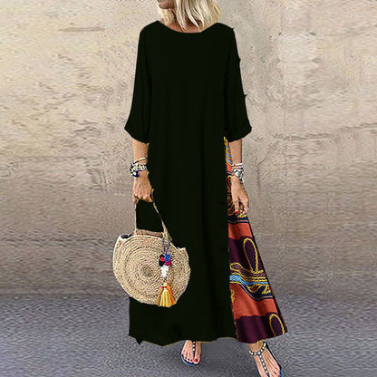 Cotton Linen Long Dresses Three Quarter Sleeves Splicing Print Loose A-line Dress Lady Maxi Vestido