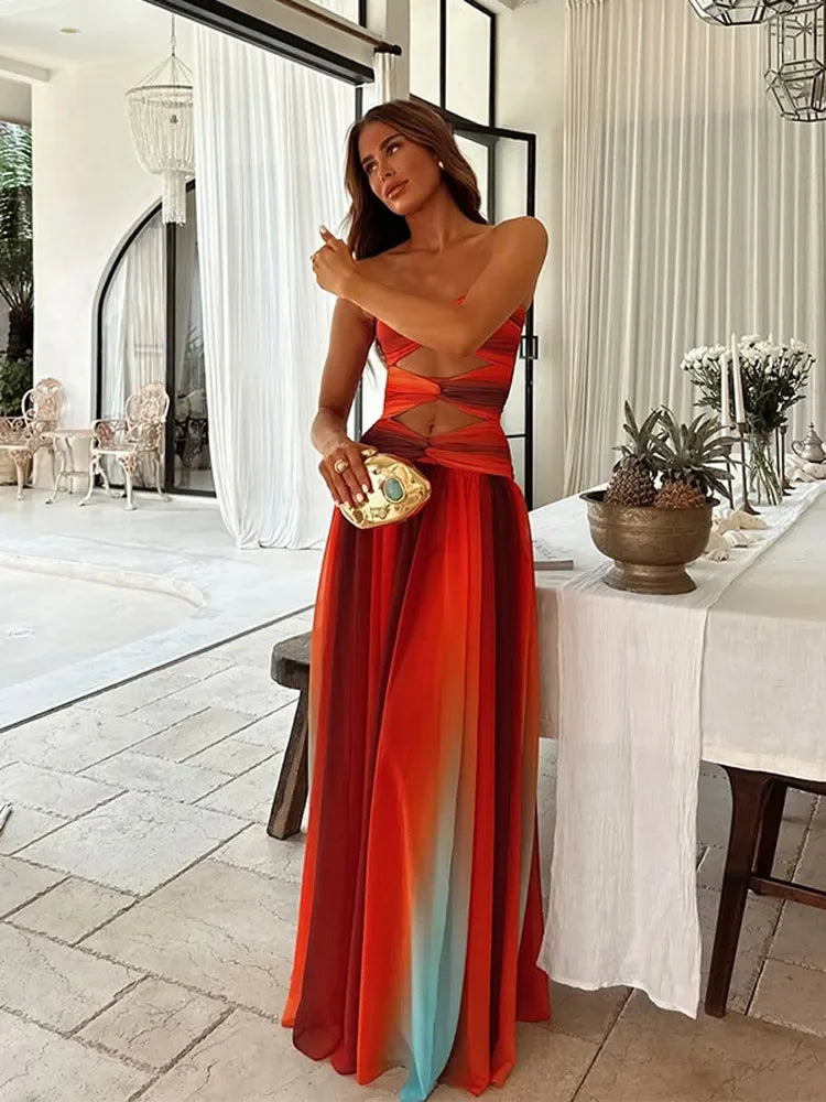 Gradient Hollow Pleated Maxi Dress
