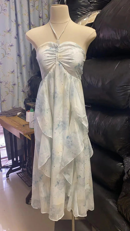Sleeveless Midi Dresses for Beach Style Chiffon Hanging Neck Strap Holiday Sundress One Piece Vestidos