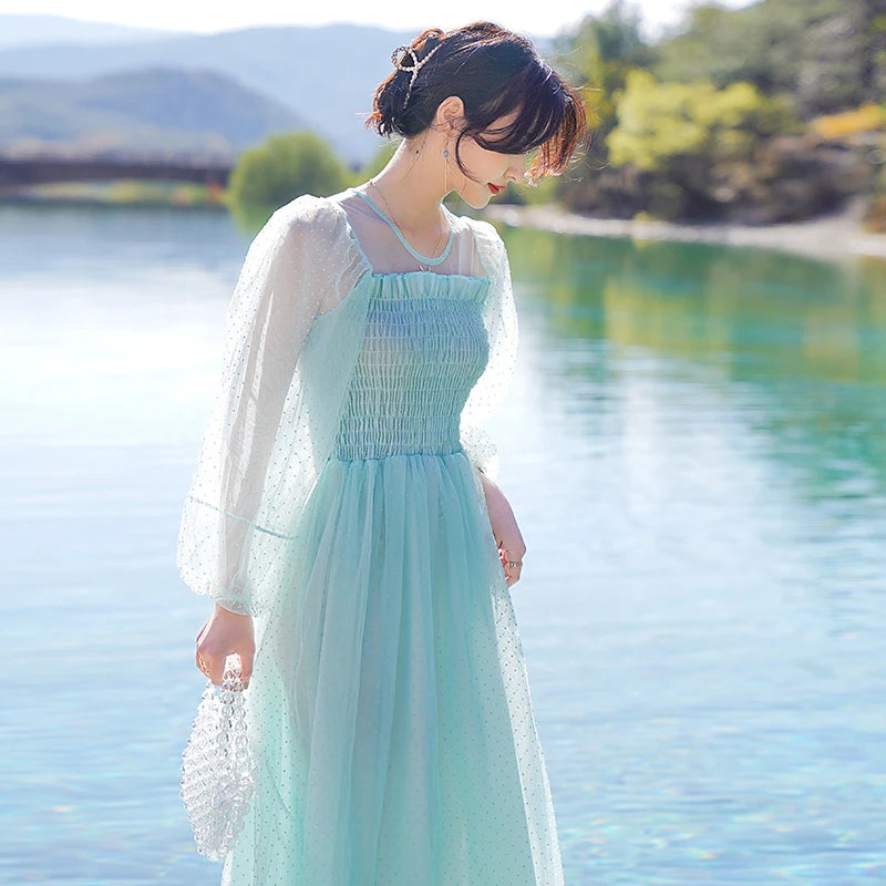 Fairy Dress Summer New Forest Mesh French First Love Pink Sweet Princess Dress Green 3/4 Sleeves Pleated Long Dress