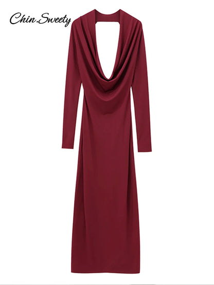 Hang Neck Burgundy Long Party Dress Halter Full Sleeve Maxi Dresses Autumn Lady Slim Hip Package Gowns New