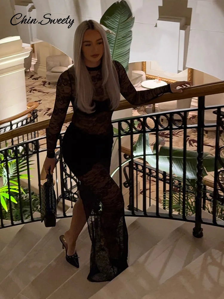 Lace Patchwork Long Dresses Slim Turtleneck Hollow Out Slit Party Dress Female Spring Slim See Through Robe New