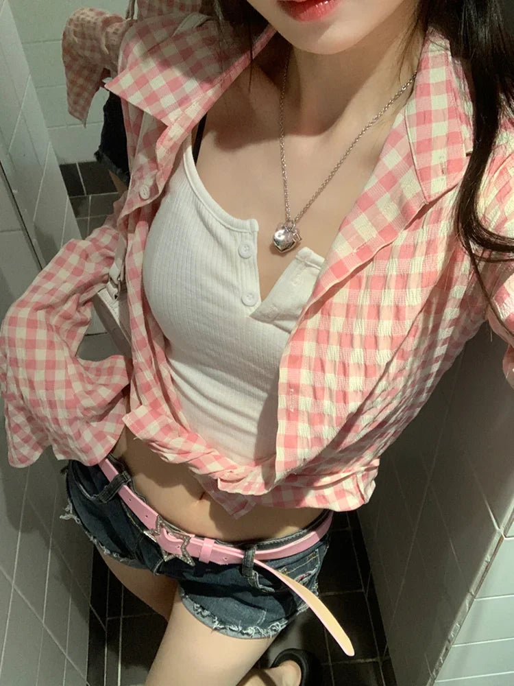 Y2k Pink Plaid Shirts Check Graphic Long Sleeve Blouses Female Spring Autumn Slim Button Up Cardigan Ins