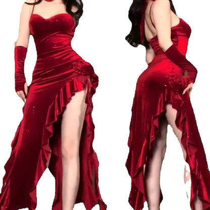 Christmas Limited Dress Red Rose Onepiece Female Sleeveless Y2k Long Dress Female Offshoulder Retro Irregular Dress