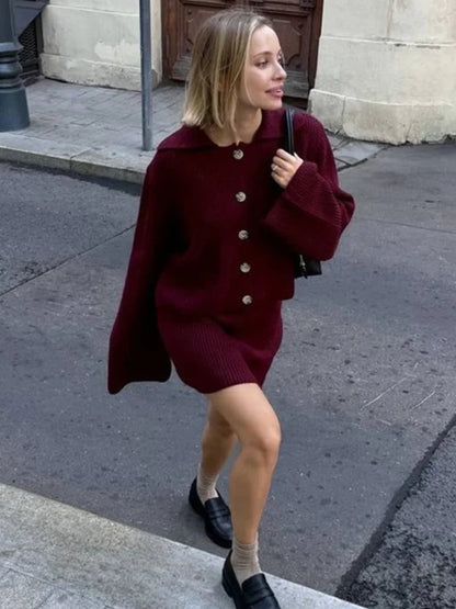 Knitted Skirts 2 Piece Set Lapel Flare Button Knitted Cardigan Top Mini Skirt Autumn Lady All-matching Outfit
