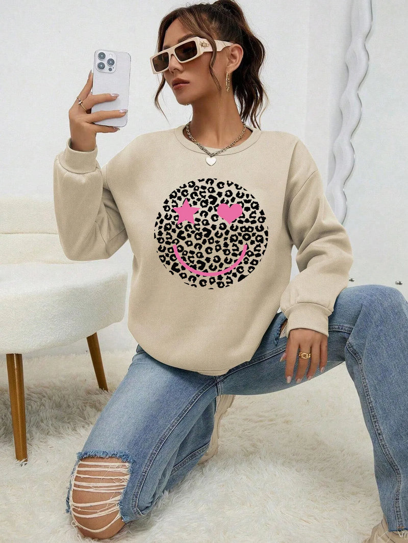 Leopard Print Smile Face Love Printed Sweatshirt Autumn Soft Hoody Fleece Warm Hoodies Street All-match Female Pullover