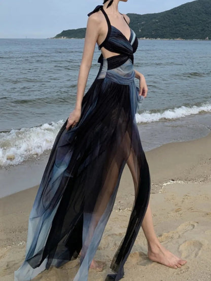 Halter Midi Dress Sleeveless Aline Party Beach Holiday Clothes Female Vestidos Robe