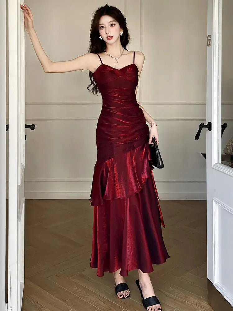 Summer French Red V Neck Sleeveless Ruffle Edge Slip Long Dress Backless Vacation Pleated Evening Party Dress
