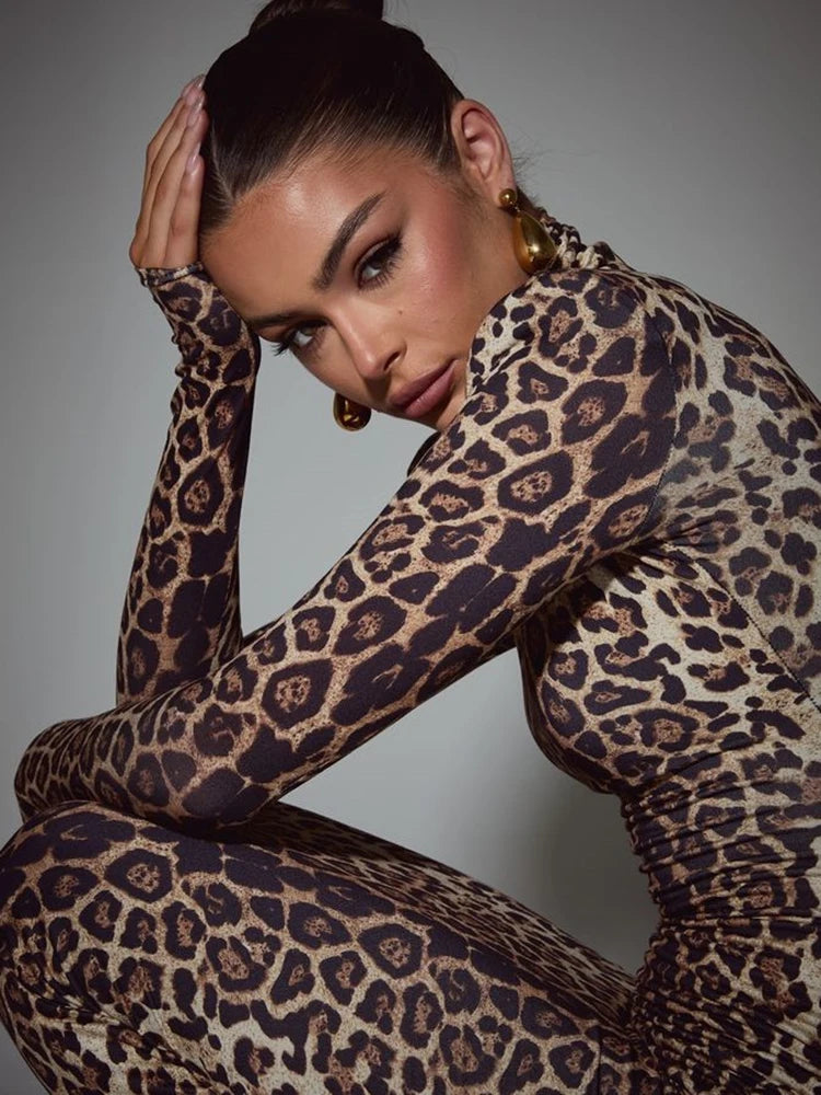 Leopard Print Long Sleeve Maxi Dress for Autumn Winter Turtleneck Printed Bodycon Long Dress