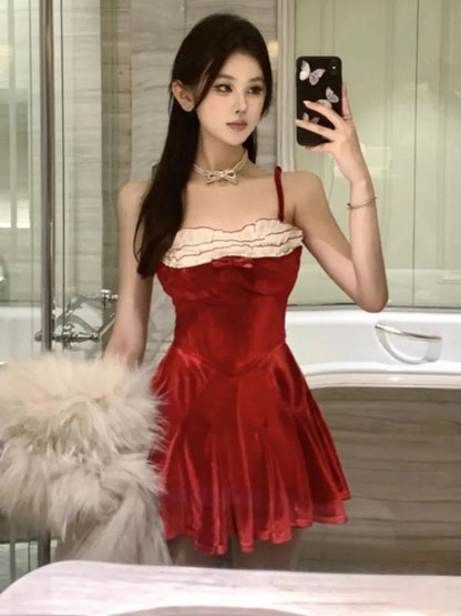 Dresses Sleeveless Velvet Patchwork Bow Ruffles Slim Backless Mini Dress Party Female