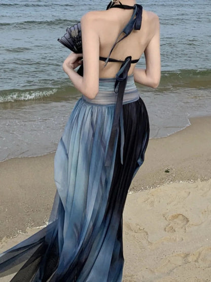 Halter Midi Dress Sleeveless Aline Party Beach Holiday Clothes Female Vestidos Robe