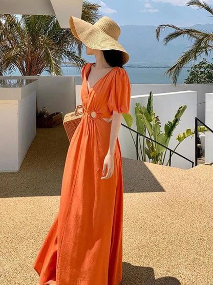 Orange V Neck Waist High Hollow Out Pleated Dress Summer Short Sleeves Long Dresses