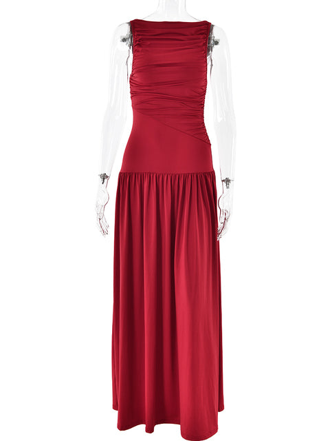 Artcat Sleeveless Round Neck Bodycon Long Dress for Folded Slimming Party Evening Dress Female Tight Vestido