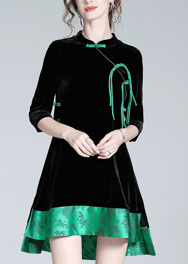 Black Stand Collar Print Low High Design Silk Velour Maxi Dresses Long Sleeve Ac3054
