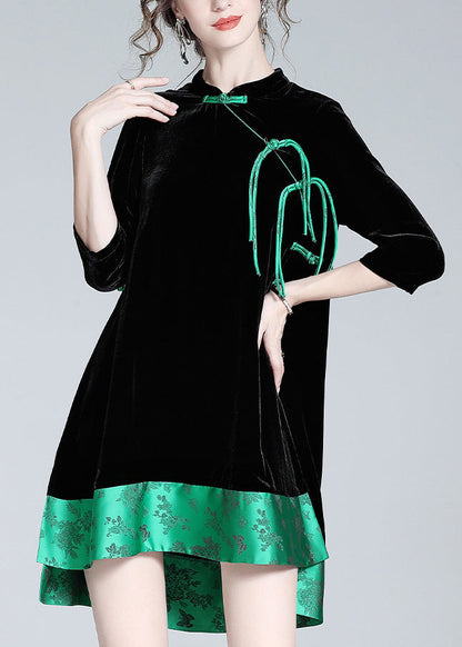 Black Stand Collar Print Low High Design Silk Velour Maxi Dresses Long Sleeve Ac3054