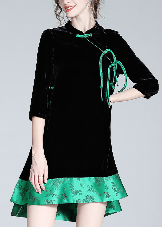 Black Stand Collar Print Low High Design Silk Velour Maxi Dresses Long Sleeve Ac3054