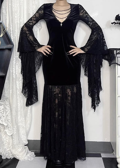 Black V Neck Lace Patchwork Silk Velvet Long Dresses Flare Sleeve Yt029