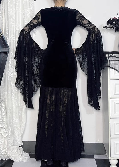 Black V Neck Lace Patchwork Silk Velvet Long Dresses Flare Sleeve Yt029