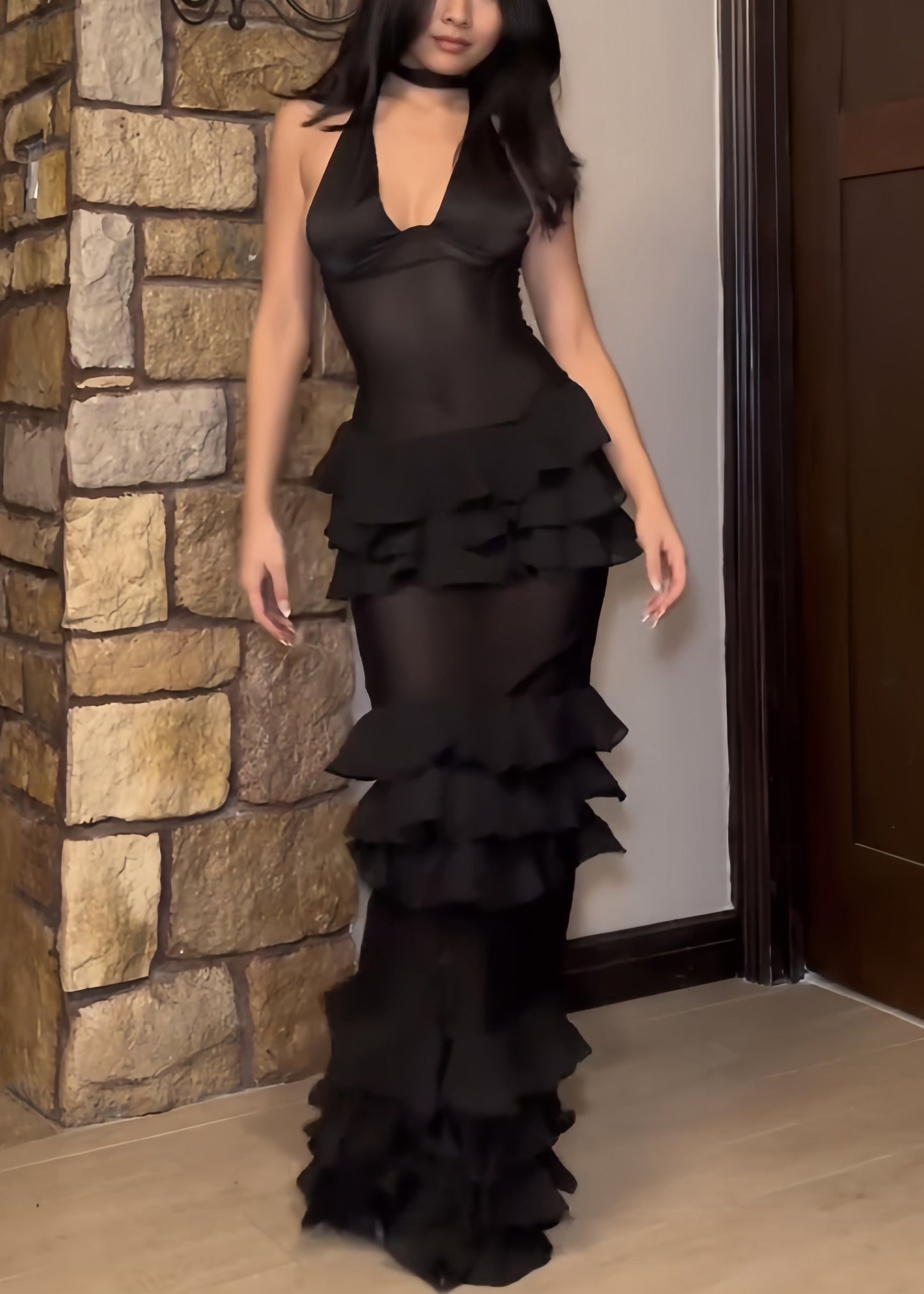 Black V Neck Ruffled Tulle Maxi Dresses Sleeveless Kk036