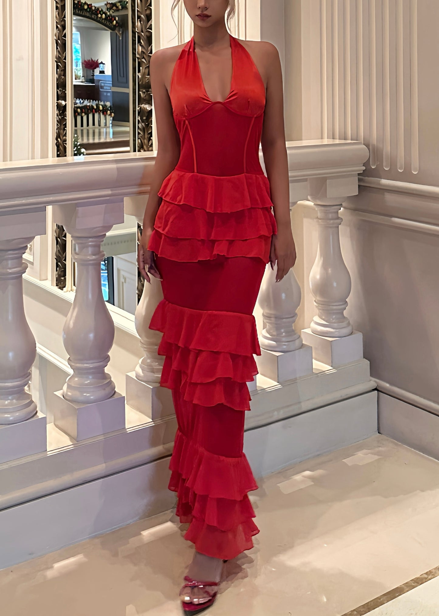 Black V Neck Ruffled Tulle Maxi Dresses Sleeveless Kk036