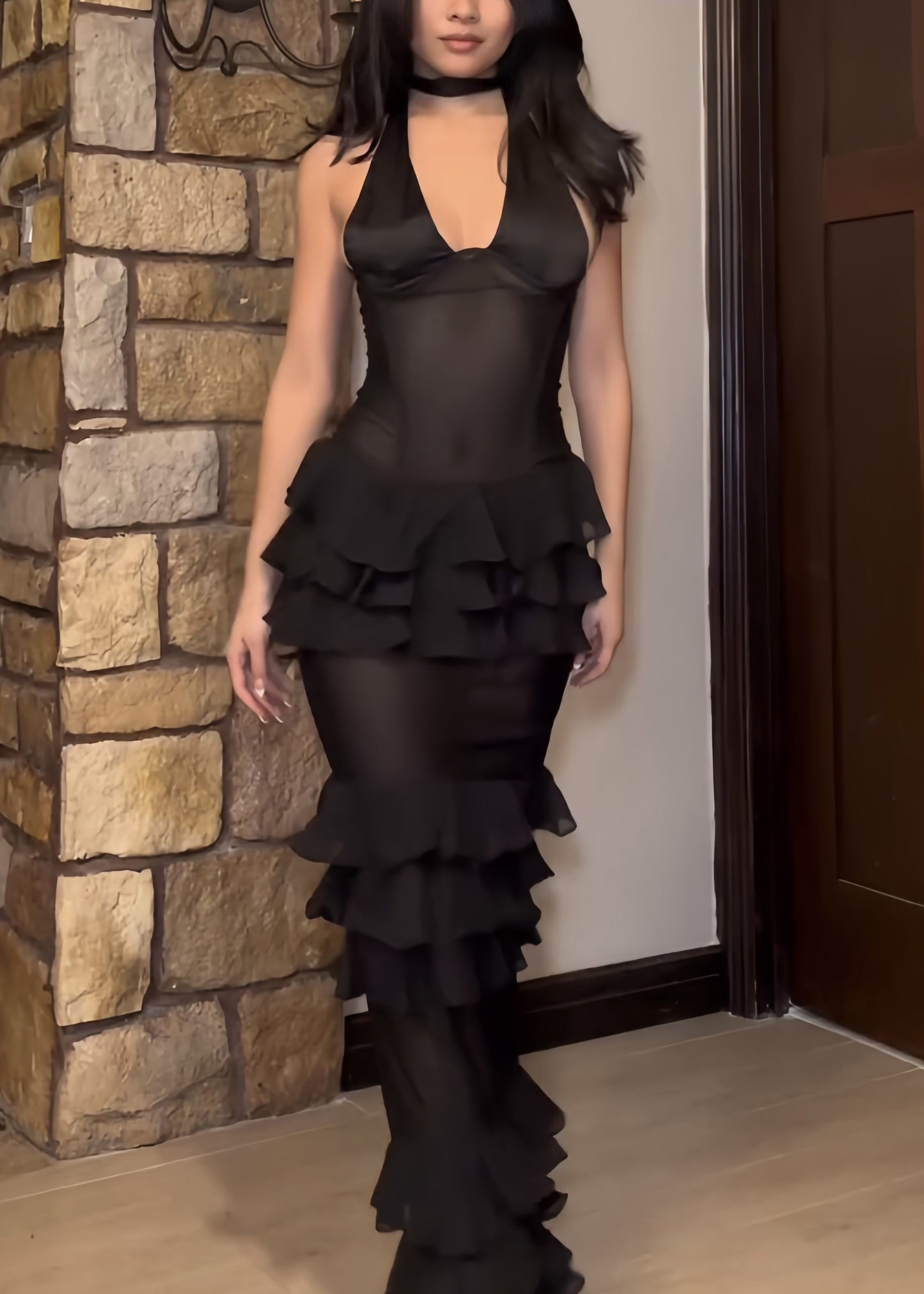 Black V Neck Ruffled Tulle Maxi Dresses Sleeveless Kk036