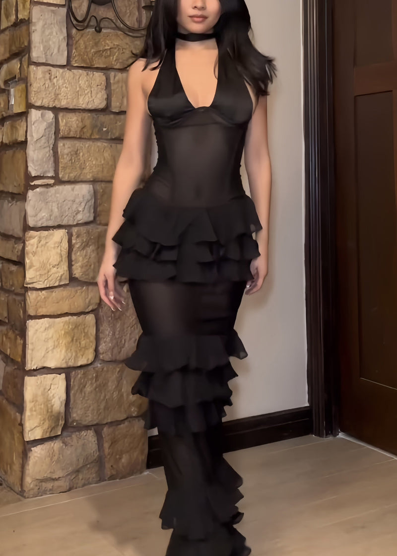 Black V Neck Ruffled Tulle Maxi Dresses Sleeveless Kk036