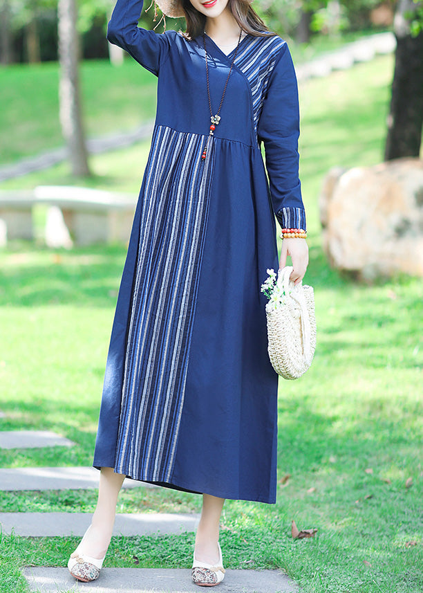 Blue V Neck Striped Patchwork Linen Long Dress Spring Lc0050