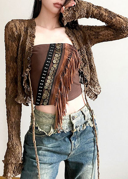 Two Brown and Up Tank Tasseled Cardigans Out Hollow Lace