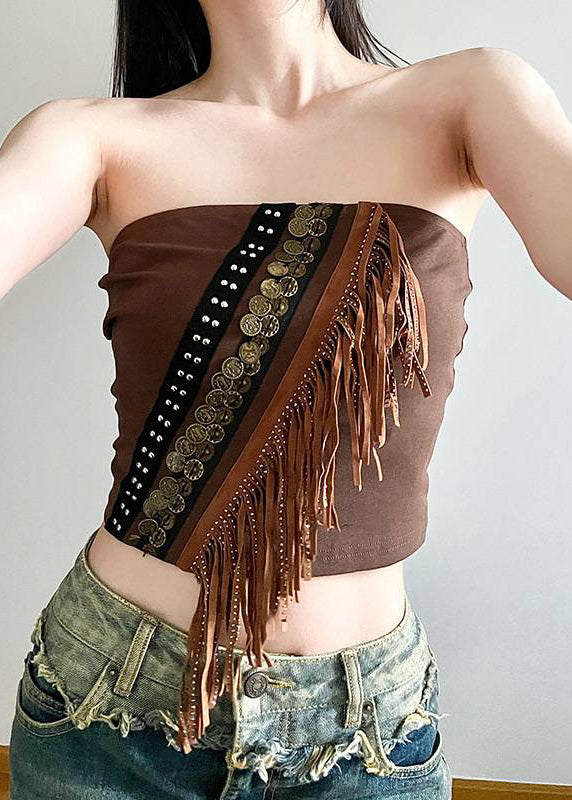 Two Brown and Up Tank Tasseled Cardigans Out Hollow Lace