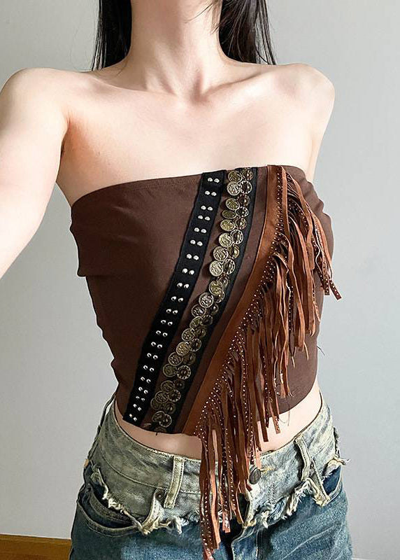 Two Brown and Up Tank Tasseled Cardigans Out Hollow Lace