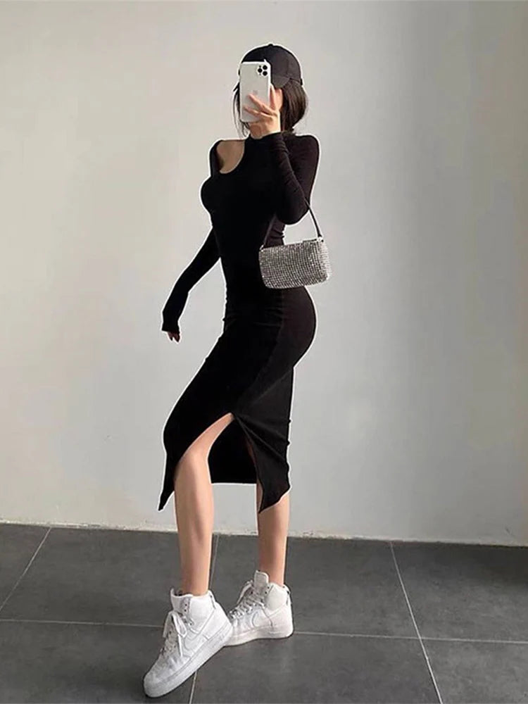 Cut Out O-neck Long Sleeve Midi Dresses