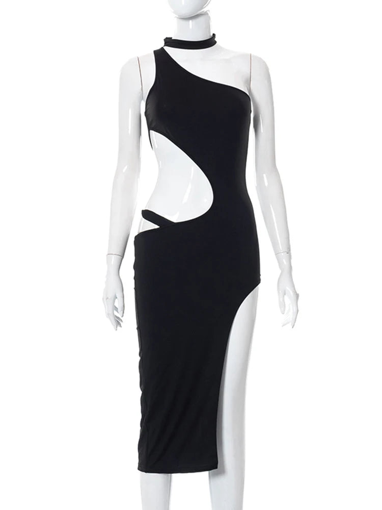 Sleeveless Cut Out Irregular High Split Club Female Midi Dresses